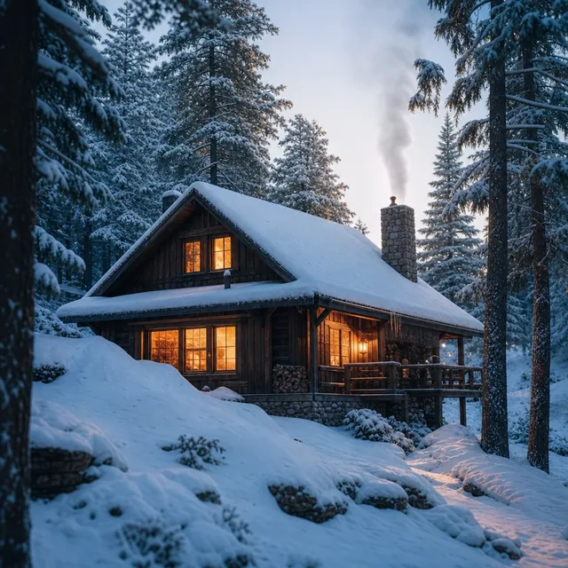 Snowy cabin in a forest