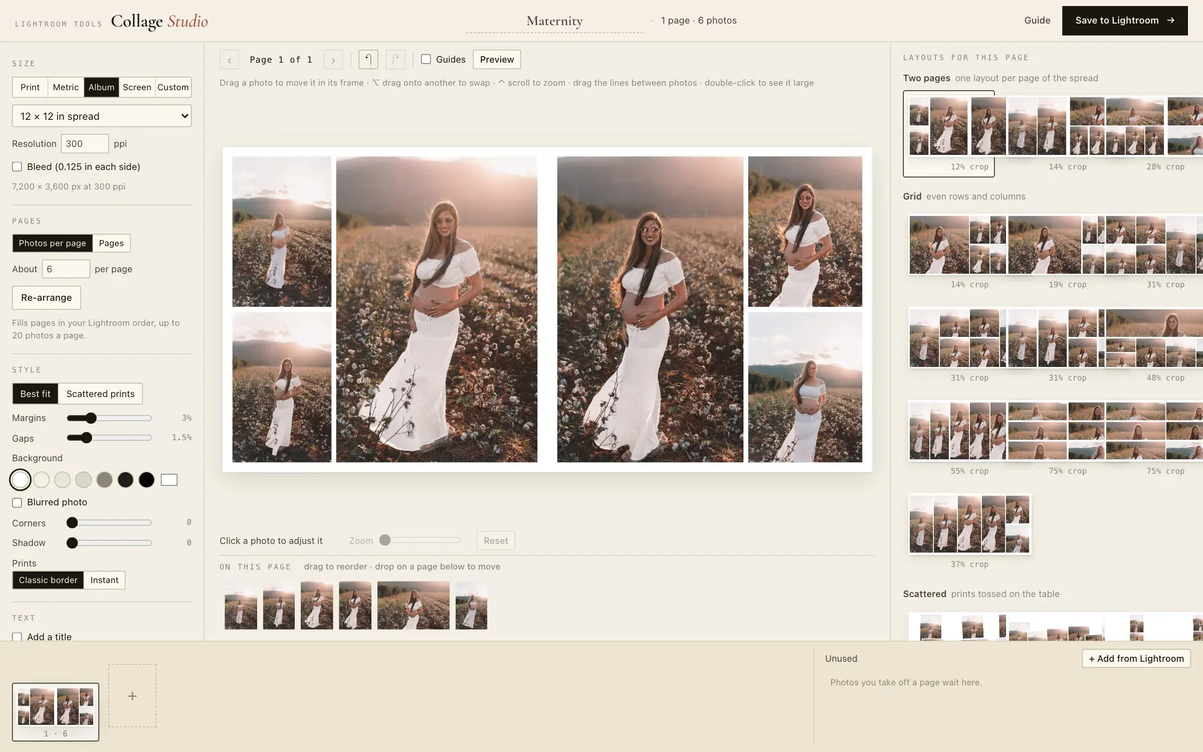 The Collage Studio designer: a finished collage page on the stage, with layout choices and page sizes beside it