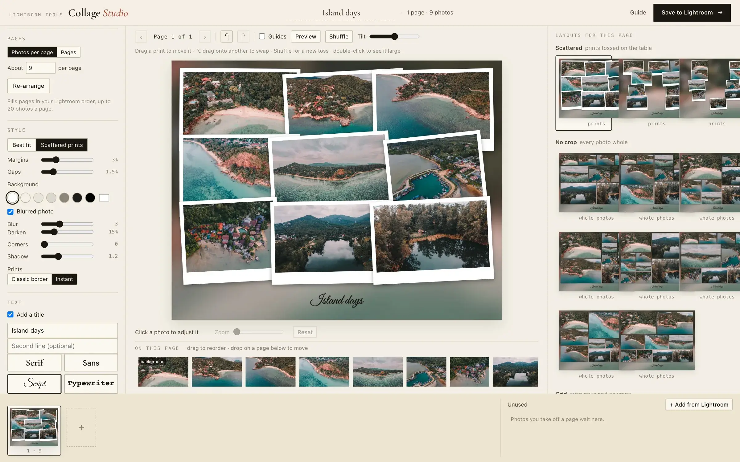 Scattered prints in the designer: nine island photos as instant prints on a blurred photo background with a script title, and the Style and Text settings on the left