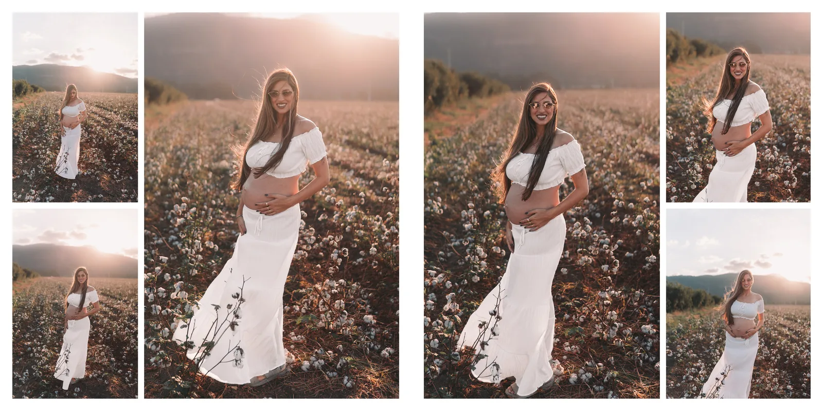 A 12 by 12 inch maternity album spread: a mother-to-be in a white dress in a cotton field at sunset, two small photos and a tall portrait on each page