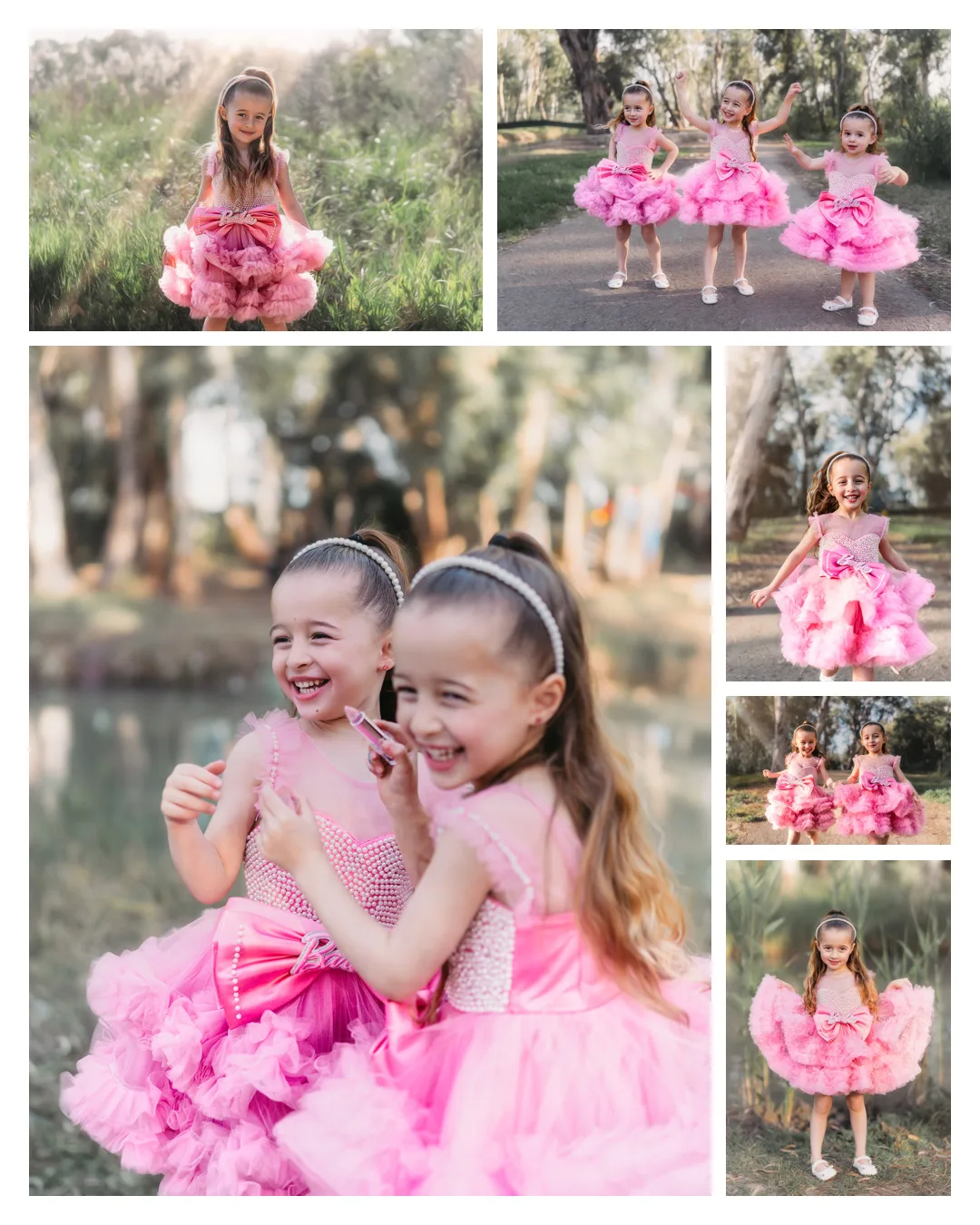 An Instagram portrait post at 4:5: six photos of little sisters in pink tulle dresses, every one shown whole