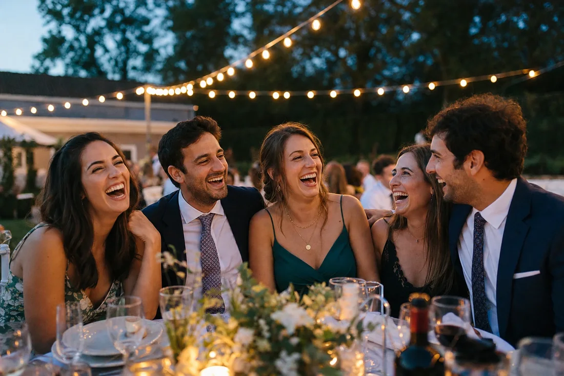 Five friends laughing at a garden reception at dusk