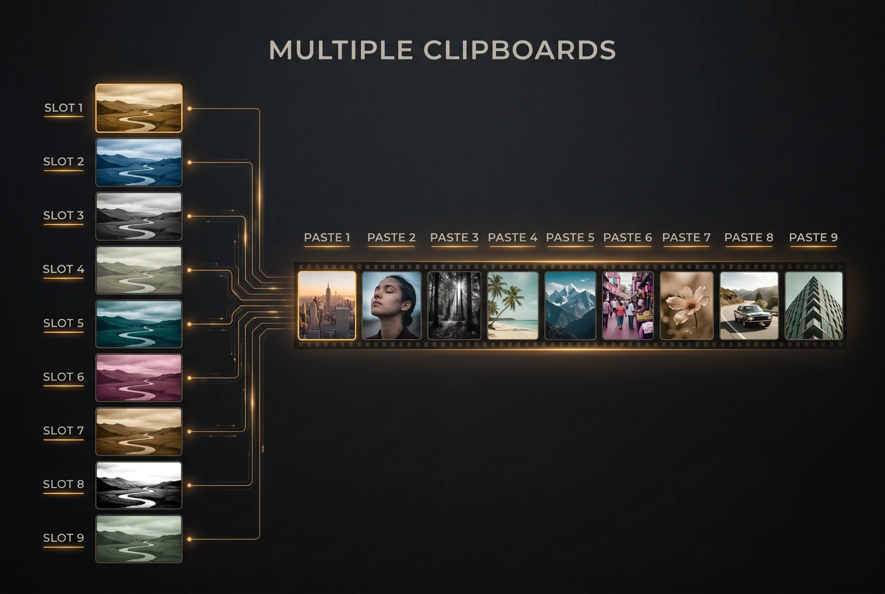Nine numbered slots, each holding a different look copied from your own photos, wired across to a Lightroom filmstrip where each look is pasted onto a different photo