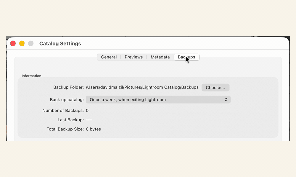 Catalog Settings open on the Backups tab, the Back up catalog menu set to Once a week, then the Back Up Catalog dialog on quit with the backup running