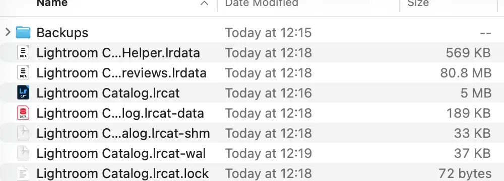 The Lightroom catalog folder in Finder, listing Backups, Lightroom Catalog Helper.lrdata, Lightroom Catalog Previews.lrdata, the .lrcat file and the .lrcat-data folder
