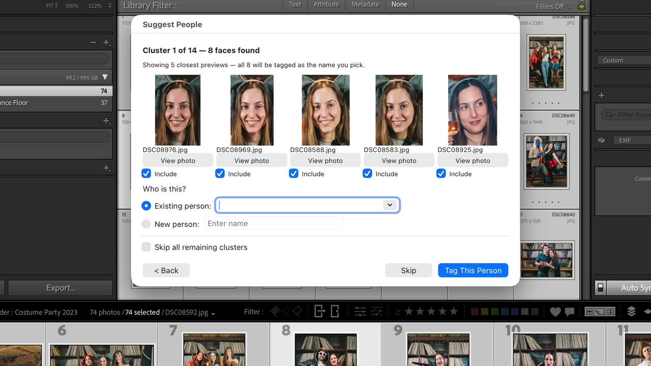 Face Tagger walkthrough video: the cluster-naming dialog in Lightroom Classic