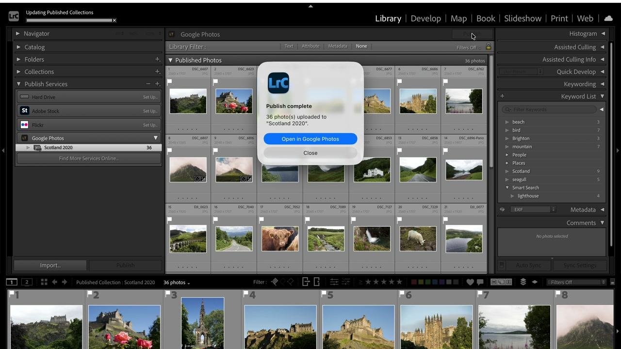 Google Photos walkthrough video: Publish complete in Lightroom Classic, 36 photos uploaded to a Google Photos album