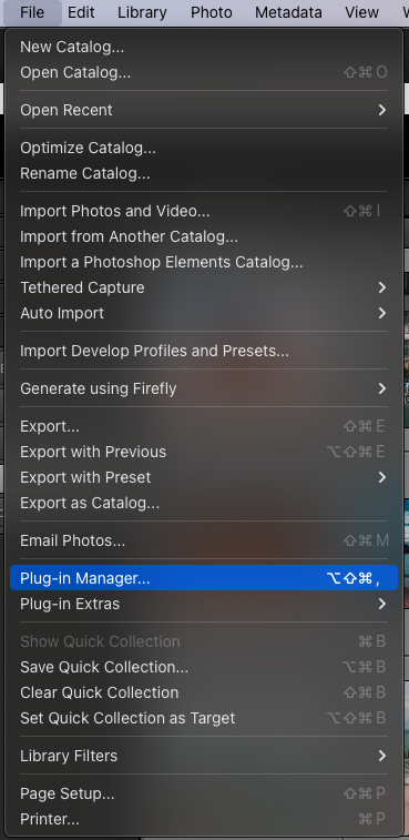 Lightroom File menu with Plug-in Manager highlighted