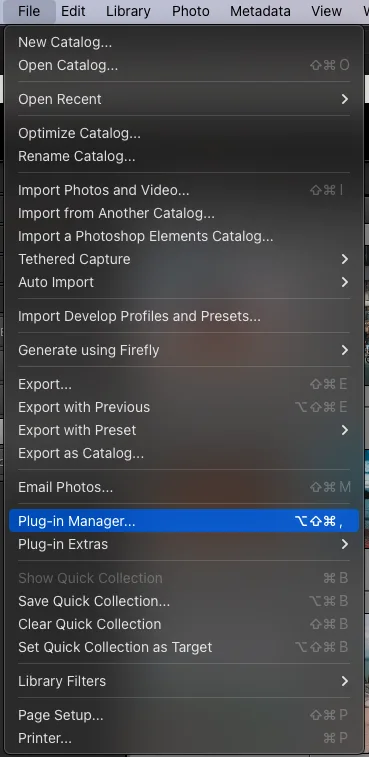Lightroom Classic File menu open, with Plug-in Manager highlighted near the bottom