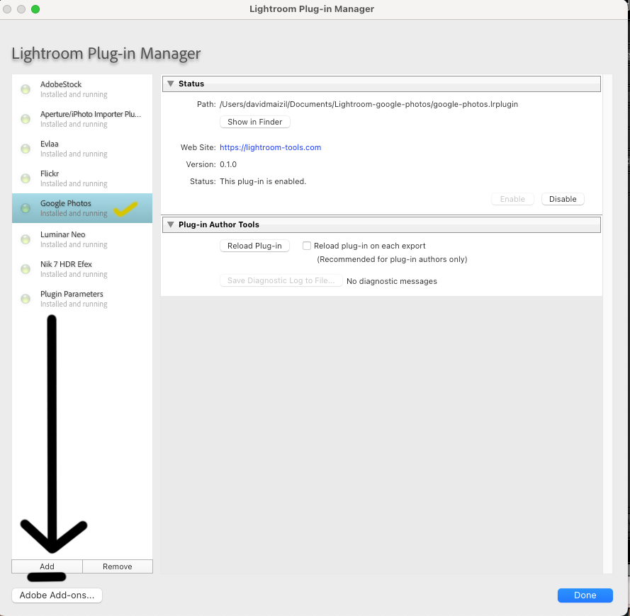 Lightroom Plug-in Manager showing Google Photos installed and running