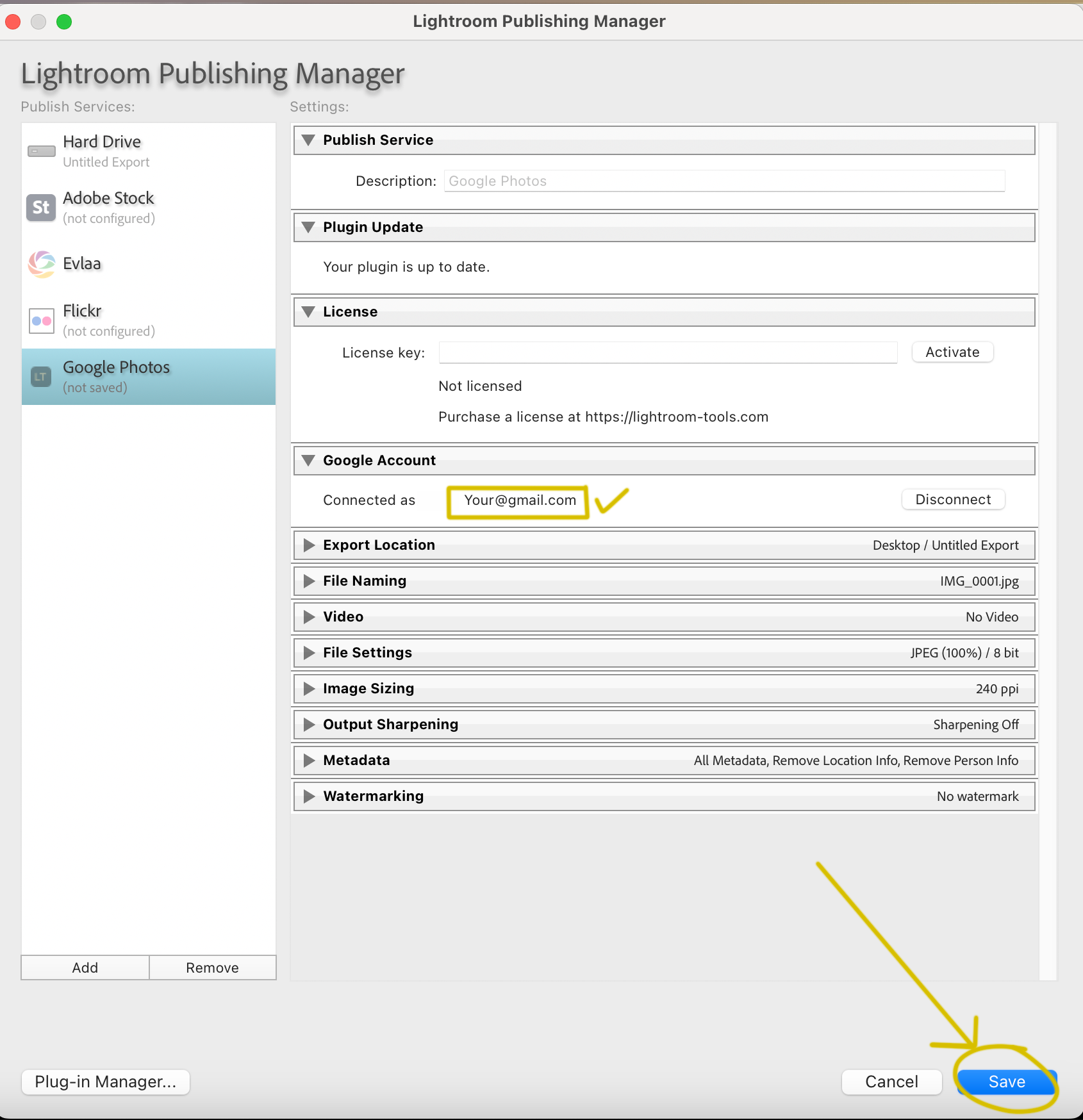 Publish Service settings showing license and Google account connection